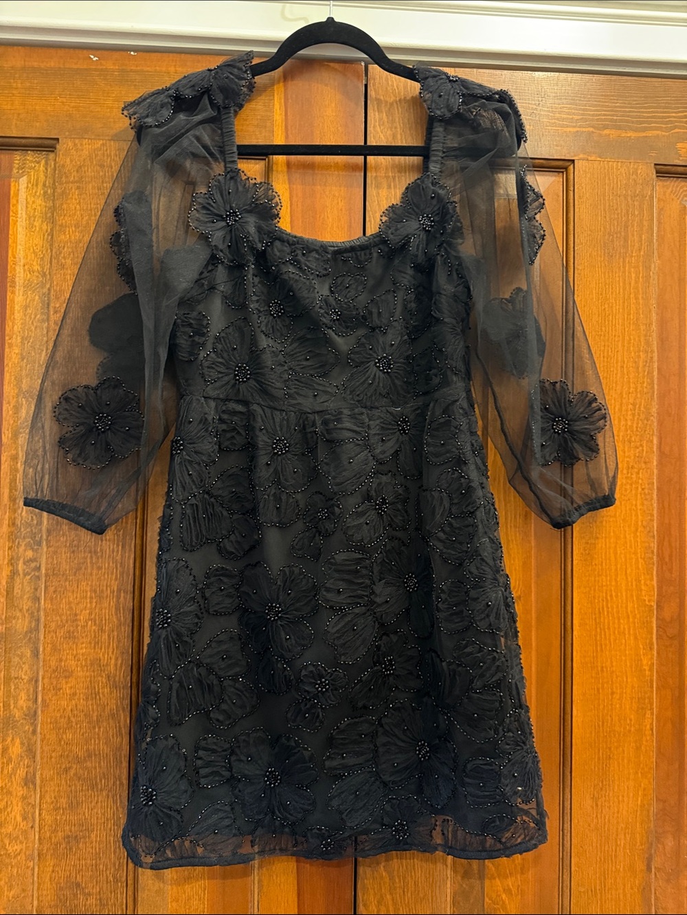 Flora Bea- size small Black Floral Appliqué Sheer Sleeve Dress